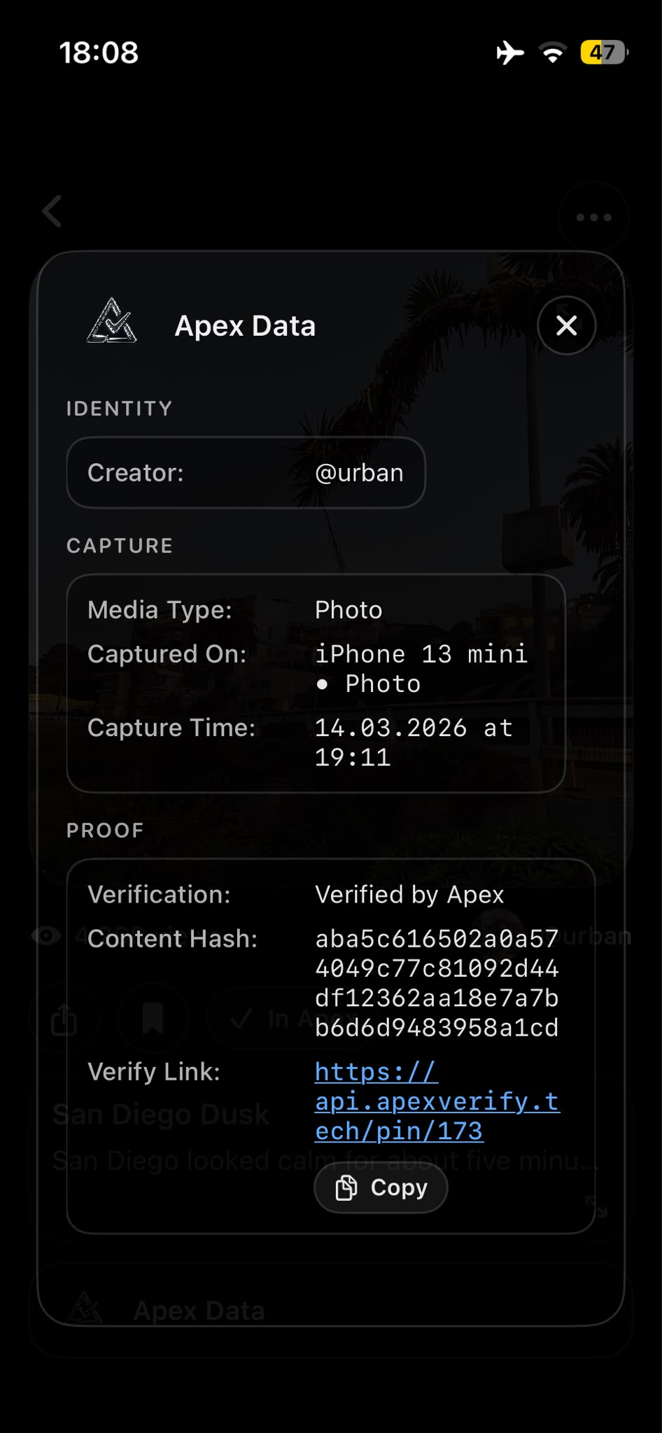 Apex Verify verification screen