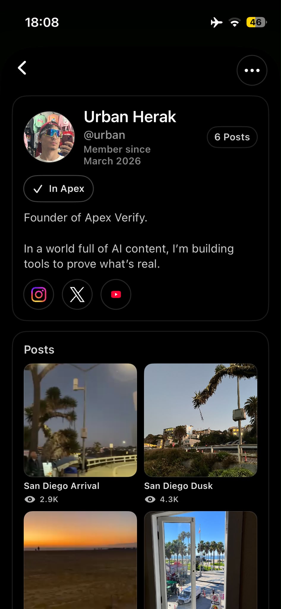 Apex Verify profile screen